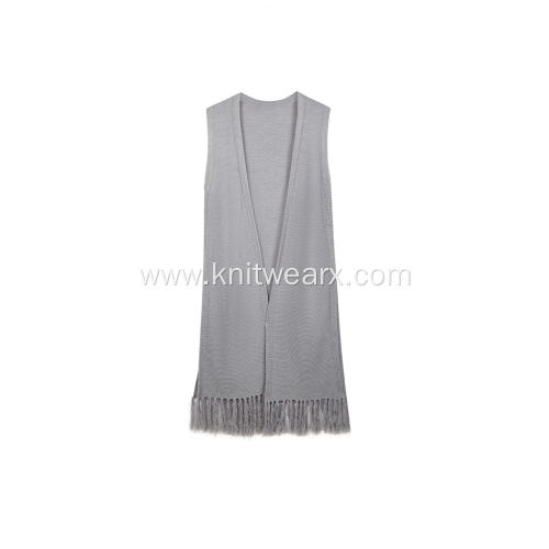 Women's Knitted Sleeveless Tassel Hem Side Slit Cardigan